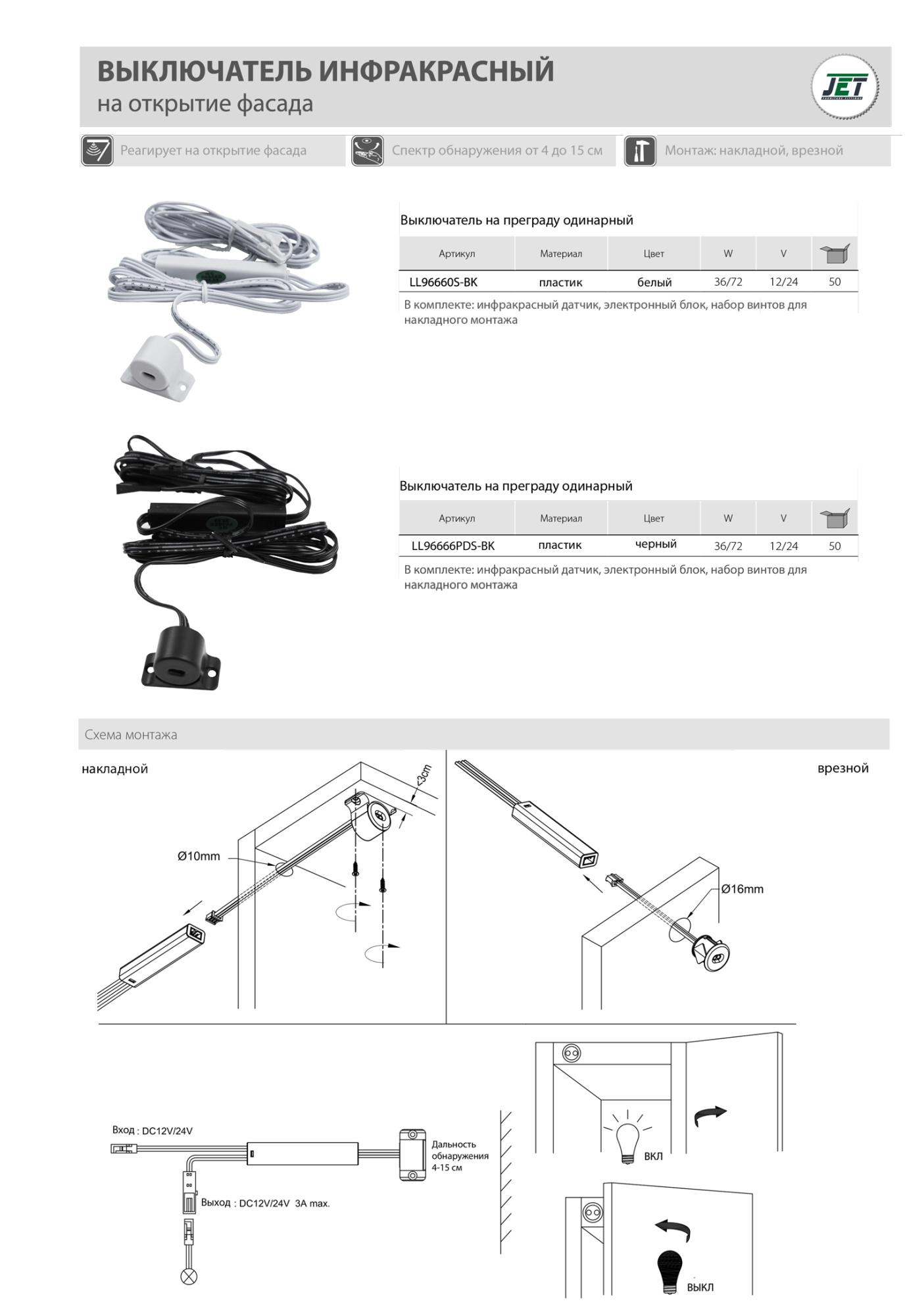 Мебельные светильники Выключатель на преграду одинарный, белый LL96660S-BK