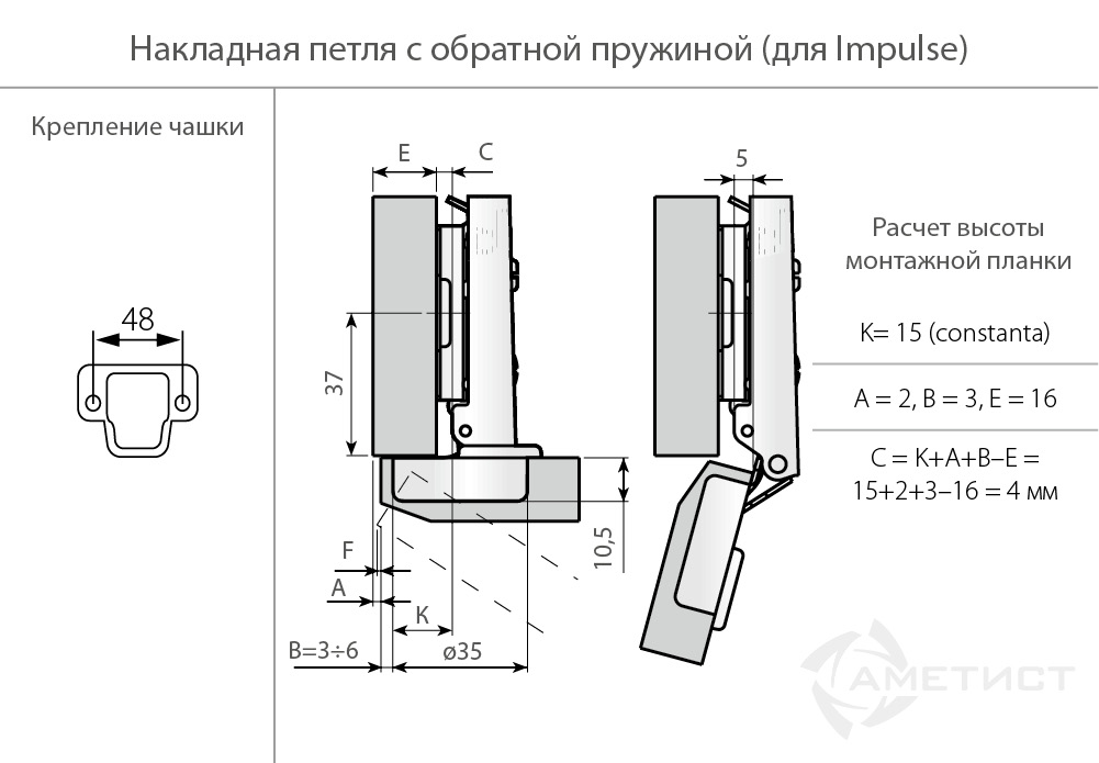 Петли мебельные Петля накладная клип с обратной пружиной д/Impuls