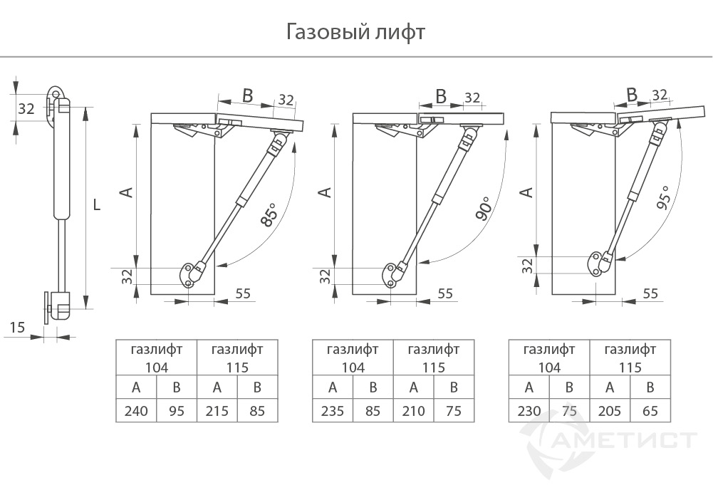 Газлифты и подъемные механизмы Газовый лифт 104 грузоподъемность 80N MR104A.080MG