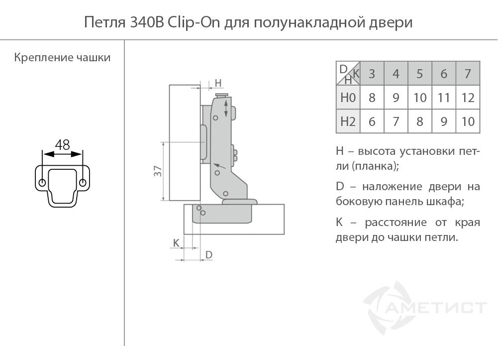 Петли мебельные Петля 340B Clip-On D35мм с доводчиком для полунакл. дверей HB340B.100NI