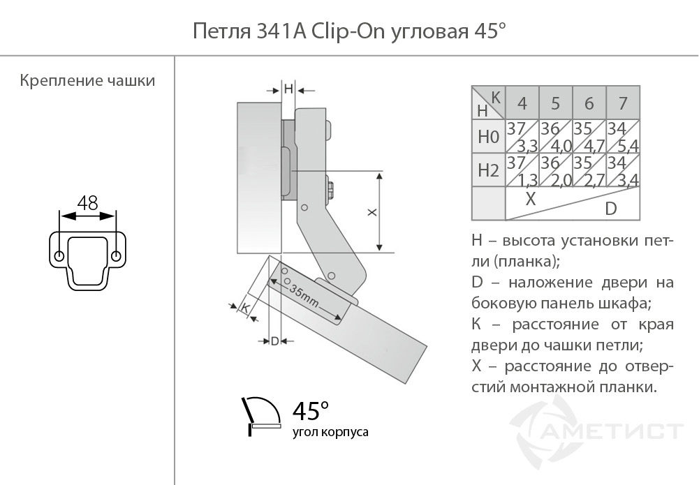 Петли мебельные Петля 341 Clip-On D35мм с доводчиком угл 45 град. HB341A.100NI