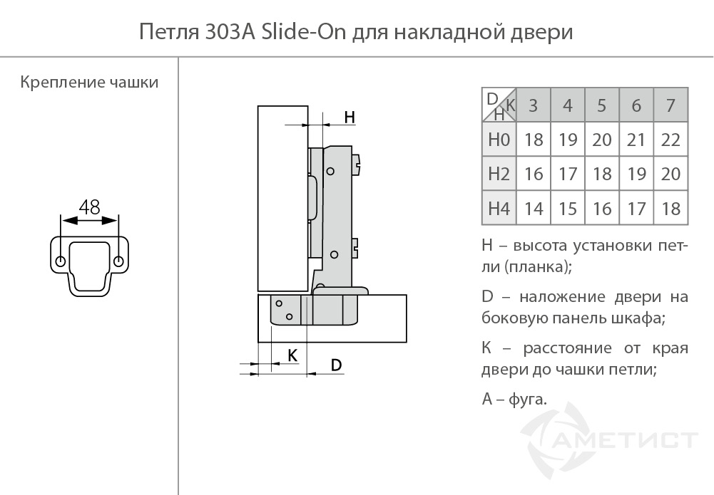 Петли мебельные Петля 303 Slide-On D35мм для накладных дверей (OK) H303A.100NIOK