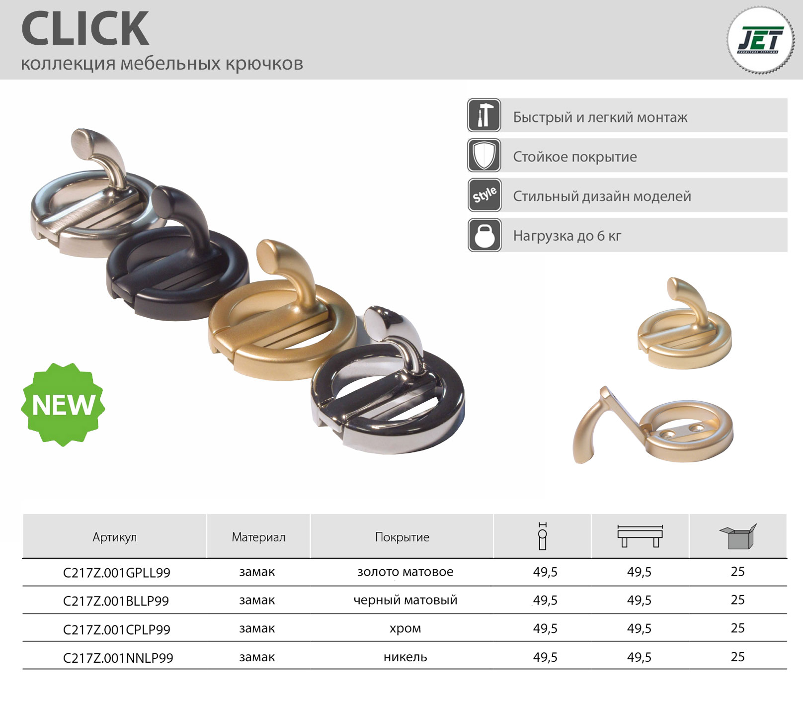 Крючки Крючок мебельный JET 217 однорожковый замак никель C217Z.001NNLP99