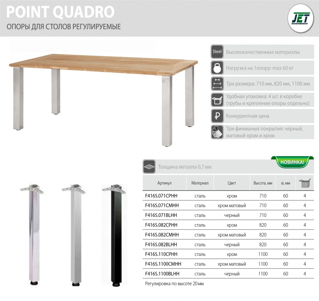 Опоры Опора регулируемая 416 для стола 60*60мм H1100мм сталь хром матовый F416S.1100CMHH